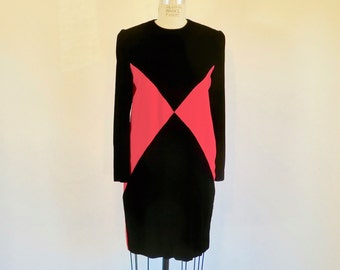 1980's Red and Black Velvet Color Block Dress Long Sleeves Evening Formal Cocktail 80's Avant Garde Chetta B Size Small