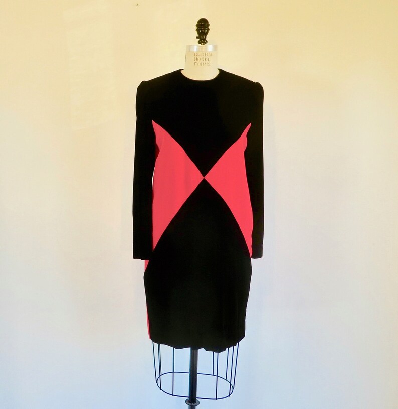 1980's Red and Black Velvet Color Block Dress Long Sleeves Evening Formal Cocktail 80's Avant Garde Chetta B Size Small image 1