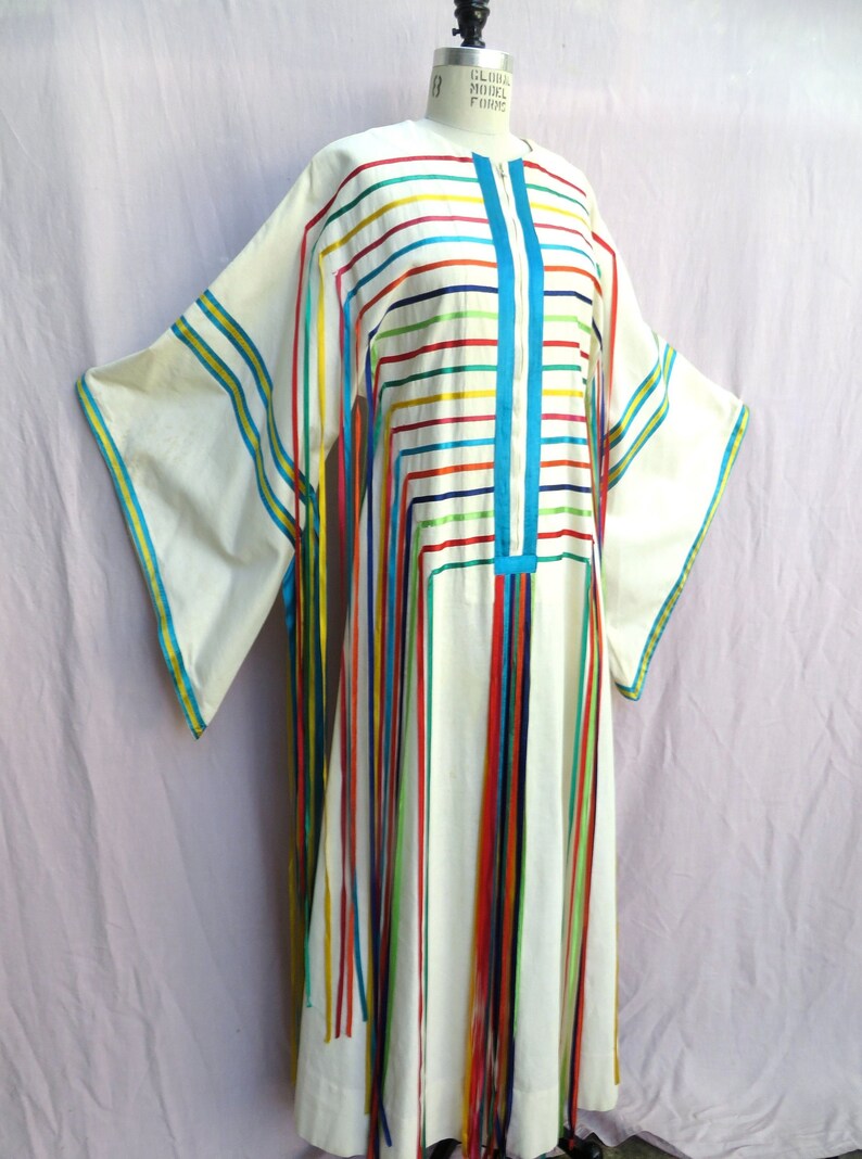 Vintage 1970/'s Josefa Mexican Caftan with Ribbon Fringe Mexican Festival Kaftan Hippie Boho Medium