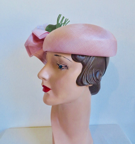 Vintage 1980's 90's Pastel Pink Straw Beret Style… - image 4