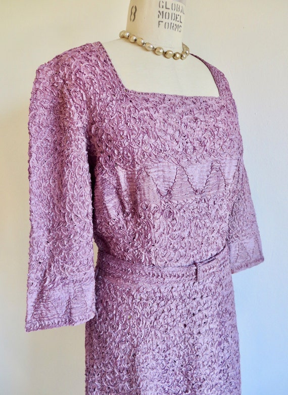 1940's Lavender Lilac Rayon Ribbon Knit Dress Cro… - image 5