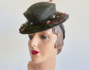 1940's Black Straw Tilt Topper Suitor Toy Hat Pink Silk Rose and Flowers veil Back Bow Head Holder WW2 Era 40's Millinery New York Creation