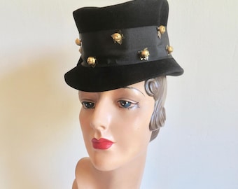 1940s Black Felt Tilt Hat: Gold Studded Equestrian Millinery