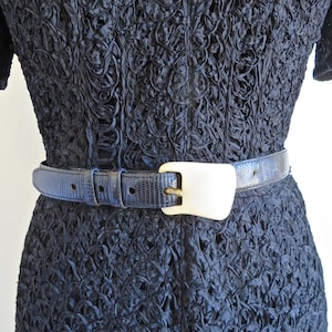 1940's Black Rayon Ribbon Knit Dress Crochet Slip Half Sleeves Square Neckline Belt Rockabilly WW2 Era 30.5 Waist Medium image 5