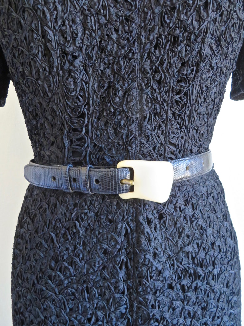 1940's Black Rayon Ribbon Knit Dress Crochet Slip Half Sleeves Square Neckline Belt Rockabilly WW2 Era 30.5 Waist Medium image 5