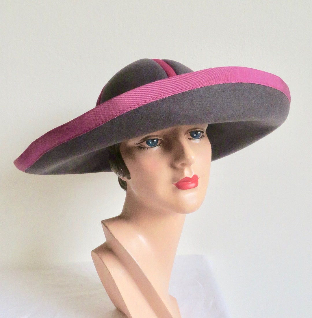 1980's Louis Feraud Paris Gray Wool Felt Large Brimmed Cloche