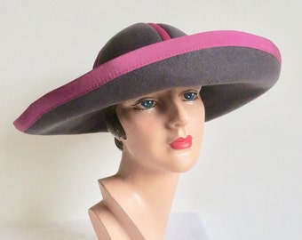 1980's Louis Feraud Paris Gray Wool Felt Large Brimmed Cloche Style Hat Magenta Ribbon Trim 80's Millinery French Designer