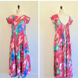 Vintage Hawaiian Print Long Maxi Dress with Train Magenta Turquoise Tropical Flowers Resort Luau Paradise Hawaii Made in Honolulu Medium