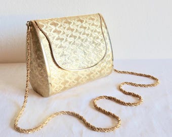 1970&#39;s Italian Gold Metal Hard Case Purse Shoulder Chain 70&#39;s Formal Evening Dressy Disco Bag Made in Italy Sanger Harris