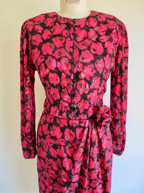 1980's Red Rose Floral Silk Print Dress Long Slee… - image 2