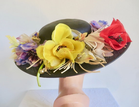 1950's 60's Black Straw Wide Brim Hat With Large … - image 6
