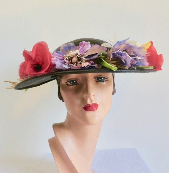 1950's 60's Black Straw Wide Brim Hat With Large … - image 1