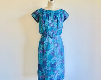 1960's Blue Silk Chiffon Floral Print Sheath Dress Short Sleeves Back Bow Trim Fabric Belt Spring Garden Party 30" Waist Medium