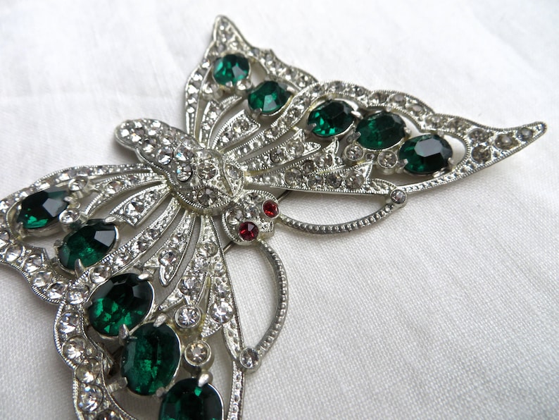 Vintage Art Deco Large Butterfly Brooch Pin with Green Rhinestones Paste 1930/'s Jewelry