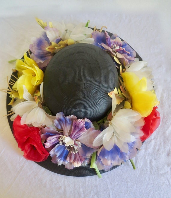 1950's 60's Black Straw Wide Brim Hat With Large … - image 9