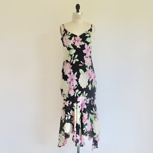 1930&#39;s Style Orchid Floral Print Silk Chiffon Bias Cut Midi Dress Ruffle Hem Art Deco Great Gatsby Garden Party Ralph Lauren Size 10