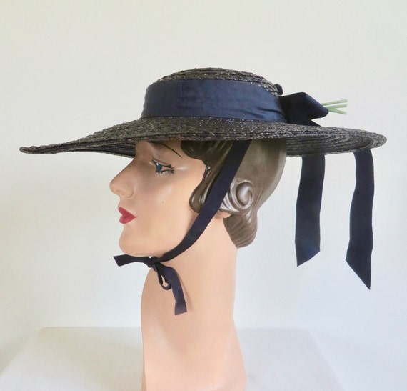 1950's Navy Blue Straw Wide Brim Sun Hat Flowers … - image 4