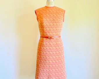 1960's 70's Orange and Gold Metallic Knit Dress Sleeveless Belted Bodycon Mod Style 60's Spring Summer Dresses Lipmans Made in Austria