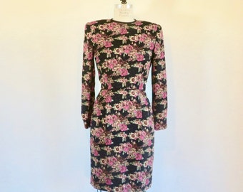 I Magnin 1980's Black Magenta Floral Silk Evening Sheath Dress Lace Sequin Back Detail Long Sleeves Formal Cocktail Party 27.5" Waist Small