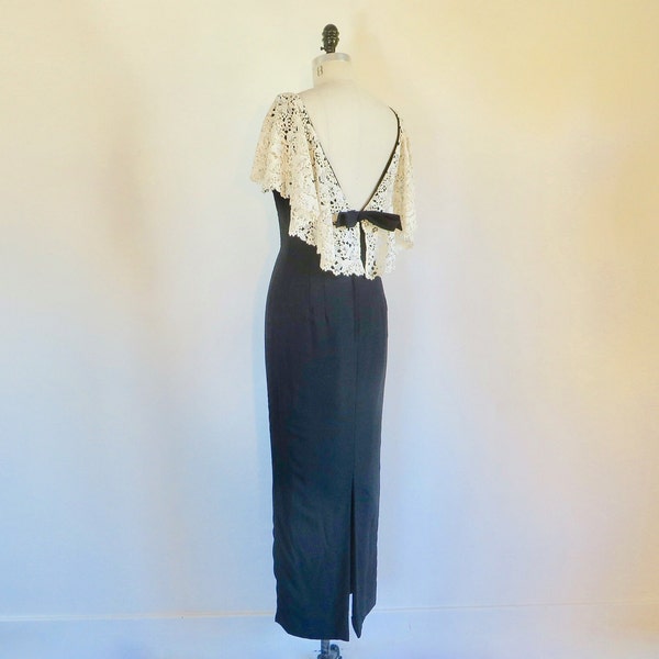 1960's Mr. Blackwell Black Long Formal Sheath Dress White Lace Shawl Collar Deep V Back Neckline Evening Cocktail Party 29.75" Waist Medium