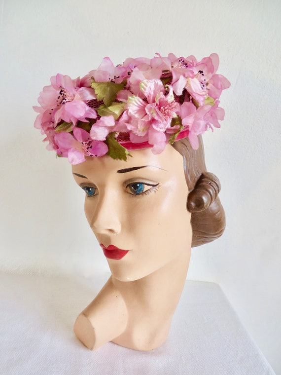 1960's Pink and Magenta Silk Floral Pillbox Hat S… - image 2