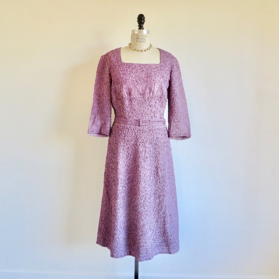 1940's Lavender Lilac Rayon Ribbon Knit Dress Cro… - image 1