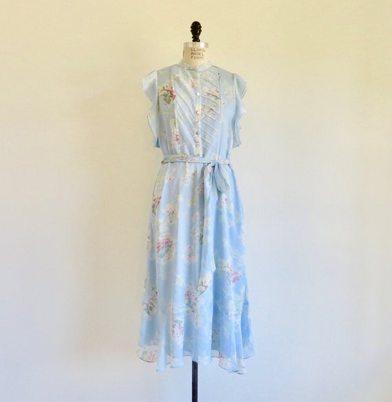 1930's 40's Style Pastel Blue Floral Silk Chiffon 