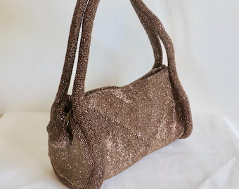 1940&#39;s Copper Brown Glass Beaded Barrel Purse Evening Formal Handbag Top Handle Soft Form 40&#39;s Fall Winter Purses Rockabilly