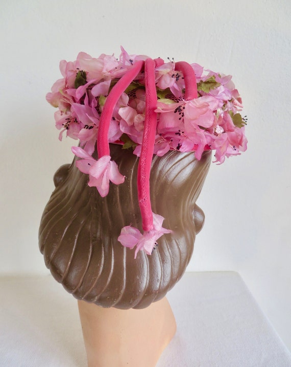 1960's Pink and Magenta Silk Floral Pillbox Hat S… - image 6