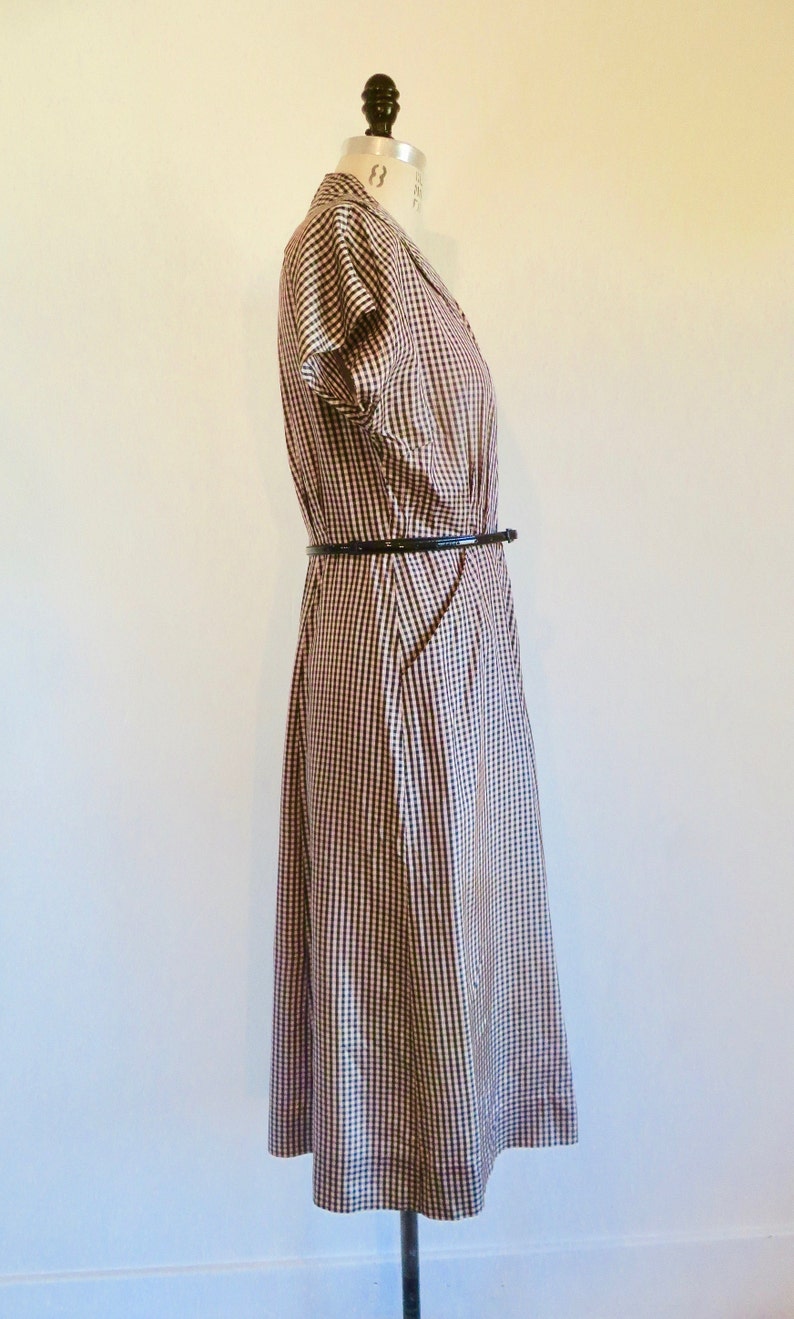 1940's 50's Black and Beige Gingham Taffeta Day Dress Short Sleeves Pockets Rockabilly Swing 30 Waist Size Medium image 6