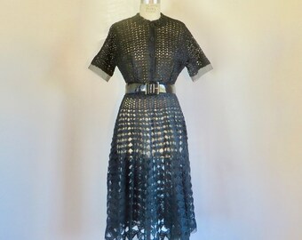 1950's Black Crochet Fit and Flare Dress Shirtwaist Style Full Skirt Formal Cocktail Party Rockabilly Swing Neiman Marcus 31" Waist Medium