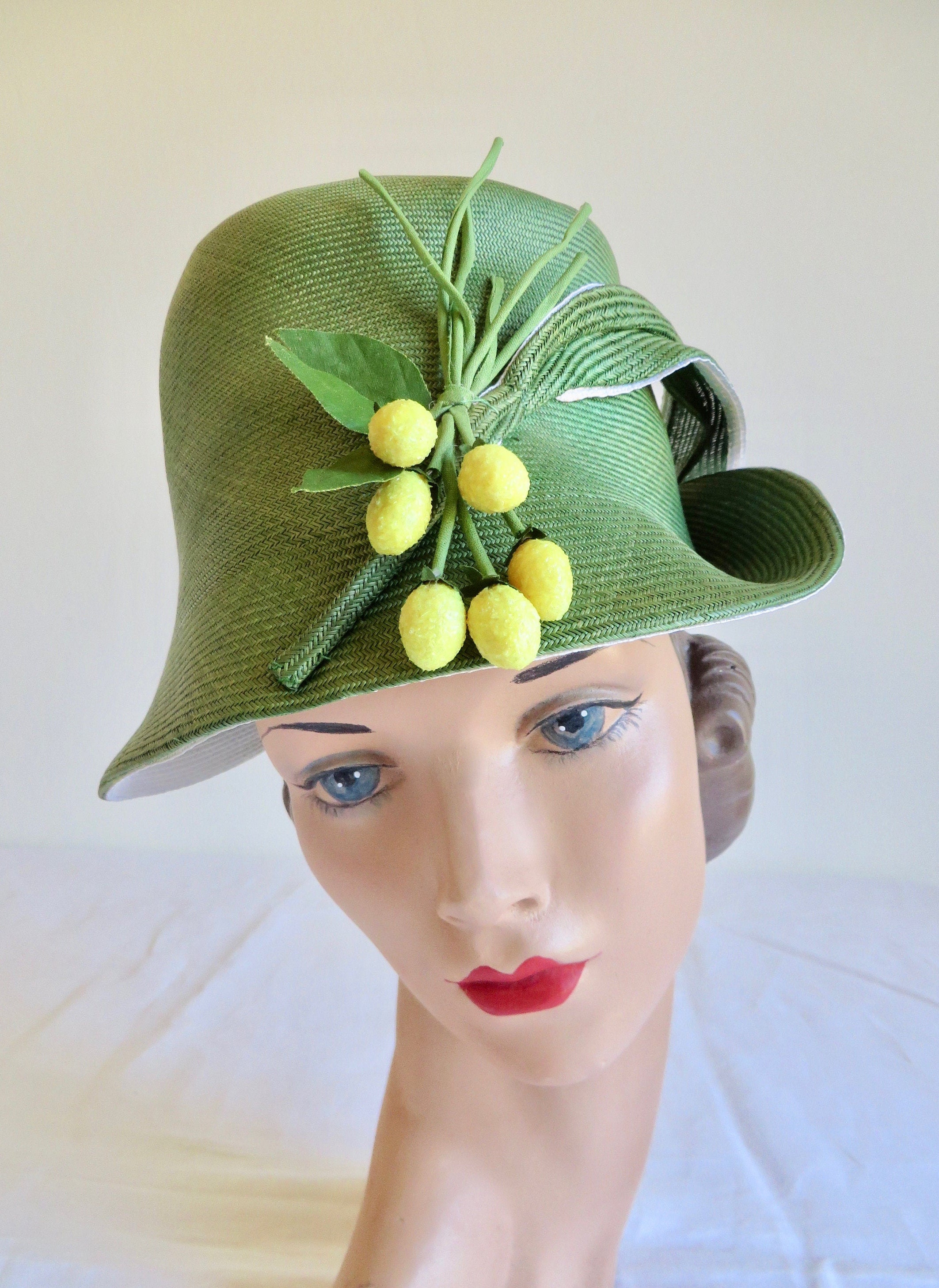1960s Lime Green Straw Cloche Hat: Lemons Trim - Adolfo 