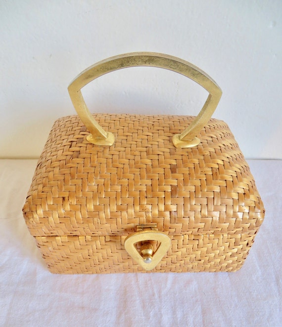 1960's Koret Natural Woven Wicker Box Purse Gold … - image 3