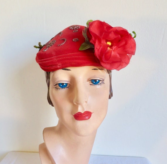 1950's Red Velvet Calot Style Hat Rose and Buds G… - image 1