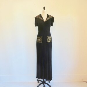 1940's Black Crepe Long Evening Dress Gold Soutache collar and Pocket Trim Formal Cocktail WW2 Era Rockabilly 28 Waist Size Small Medium image 1