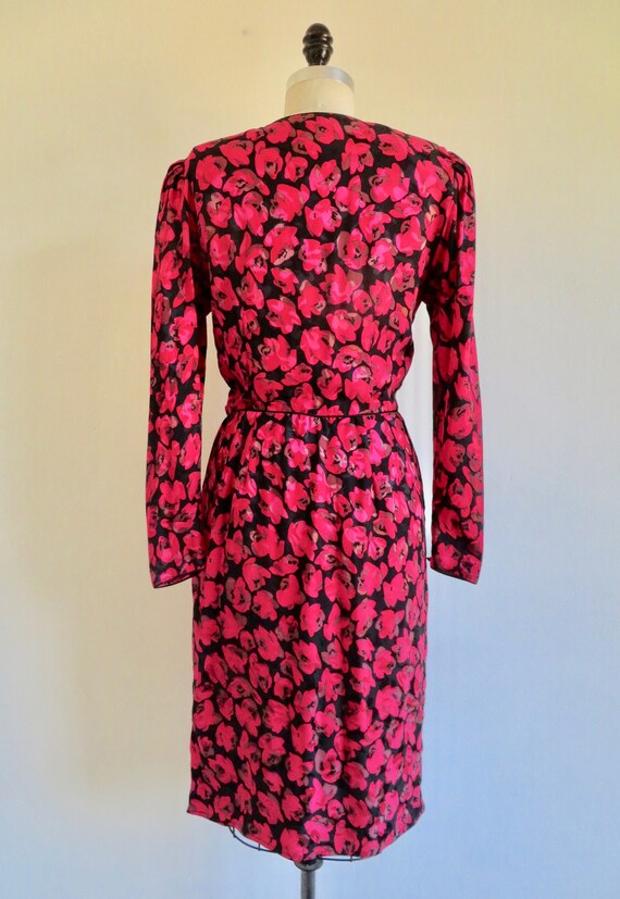 1980's Red Rose Floral Silk Print Dress Long Slee… - image 8