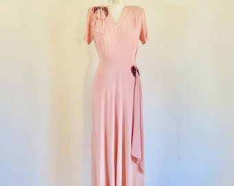 1940's Pink Rayon Crepe Long Maxi Formal Dress Party Cocktail Short Sleeves Magenta Sequin Appliques Rockabilly WW2 Era 28" Waist Medium