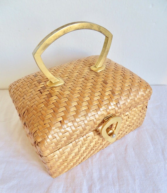 1960's Koret Natural Woven Wicker Box Purse Gold … - image 4