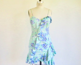 1980's Mint Green and Lavender Silk Floral Cocktail Dress Spaghetti Straps Ruffles Above the Knee 80's Formal Party Dresses 29 Waist Small