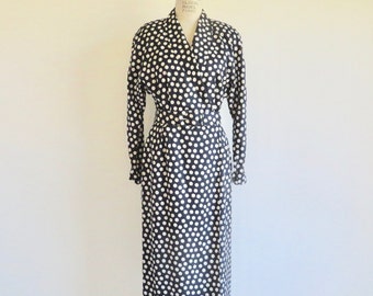 1980's Navy Blue and White Silk Polkadot Wrap Dress Long Sleeves Wide Belt Wear to Work Neiman Marcus 29" Waist Size Medium