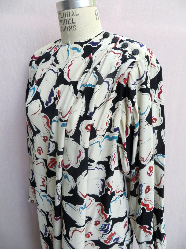 1980's Krizia Multi Color Black and White Butterfly Rayon Print Day Dress Shoulder Pads Italian Designer Medium image 6