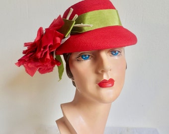 1950s Red Straw Brim Hat, Silk Flowers, Size 22