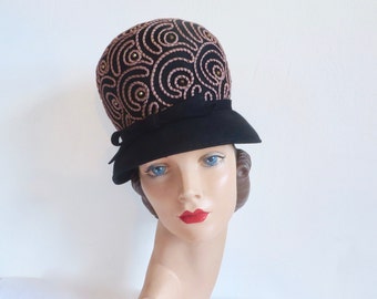 1960's Black Felt Bubble Hat Small Brim Taupe Embroidered Soutache Trim Brass Studs Mod Style 60's Millinery Fall Winter Jo-Ben