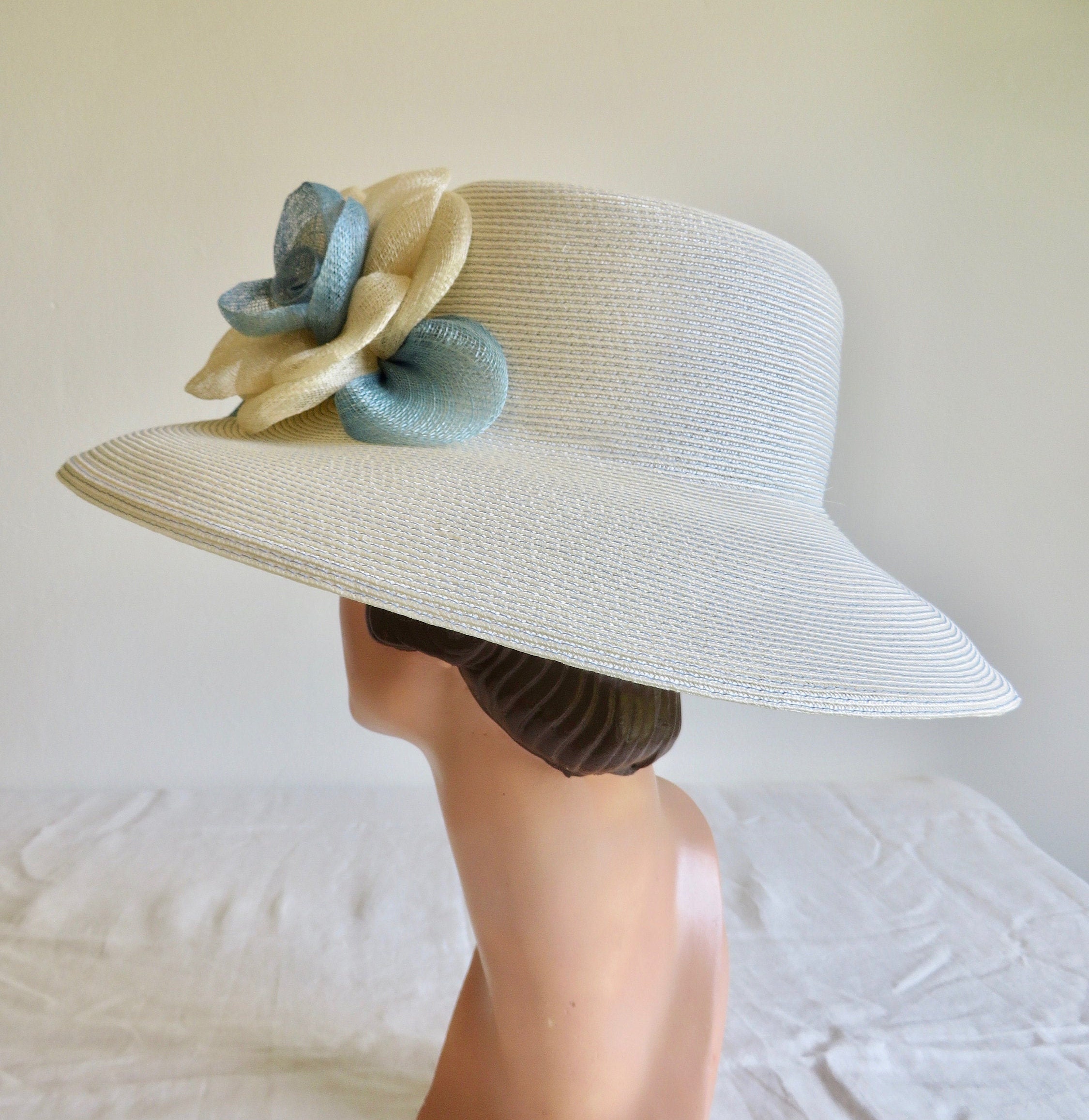 Eric Javits Light Blue and White Wide Brim Hat Large Sisal  display picture 1
