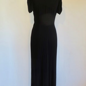 1940's Black Crepe Long Evening Dress Gold Soutache collar and Pocket Trim Formal Cocktail WW2 Era Rockabilly 28 Waist Size Small Medium image 8