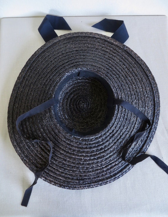 1950's Navy Blue Straw Wide Brim Sun Hat Flowers … - image 10