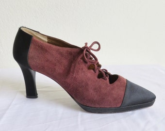 Vintage Ann Klein Couture Heels: Burgundy Suede & Satin Lace-Up Pumps, Size 7