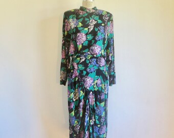 1980's Purple Teal Hydrangea Floral Rayon Print Dress 1940's Style Ruching Mock Neck Bat Wing Sleeves Open Back 80's does 40's 30" Waist Med