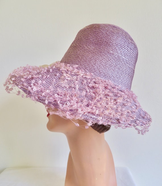 1960's Lavender Lilac Straw Wide Brim Hat High Cr… - image 6