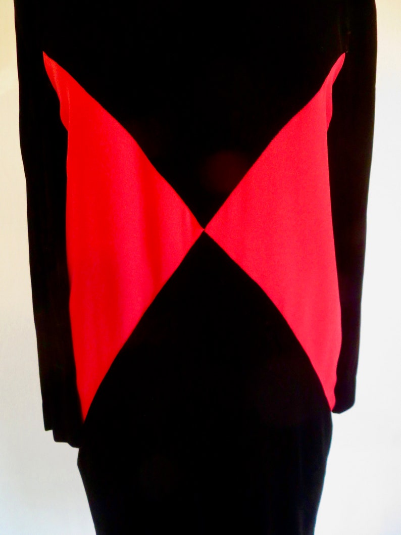1980's Red and Black Velvet Color Block Dress Long Sleeves Evening Formal Cocktail 80's Avant Garde Chetta B Size Small image 3